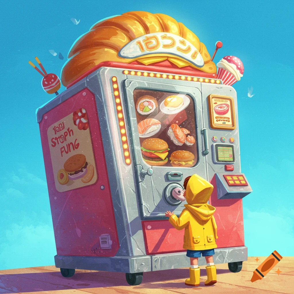 A child looking at a colorful food vending machine filled with sushi, burgers, and other snacks.