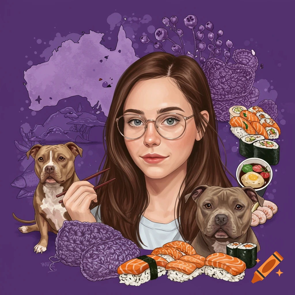 Digital illustration of a woman with glasses, two pitbulls, sushi, crochet, and the map of Australia on a purple background.