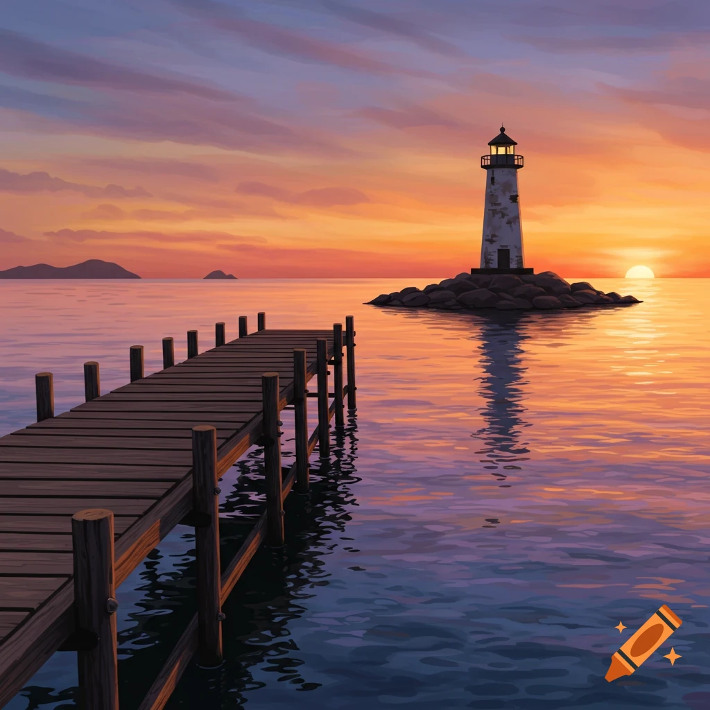 A pier stretching towards a lighthouse on a rocky island at sunset.
