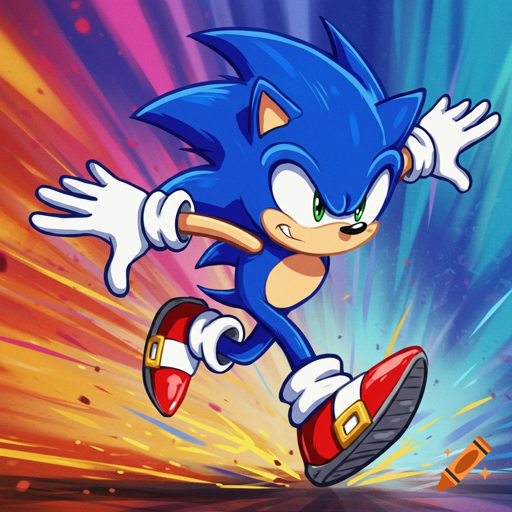 Sonic the Hedgehog is shown in a dynamic pose, depicted in motion and surrounded by a vibrant speed blur background.