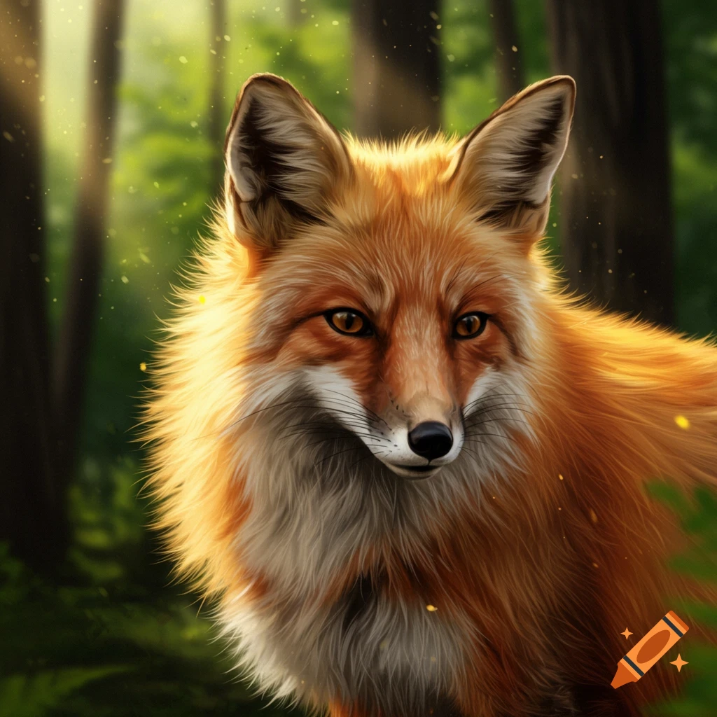 A red fox in a forest bathed in sunlight.
