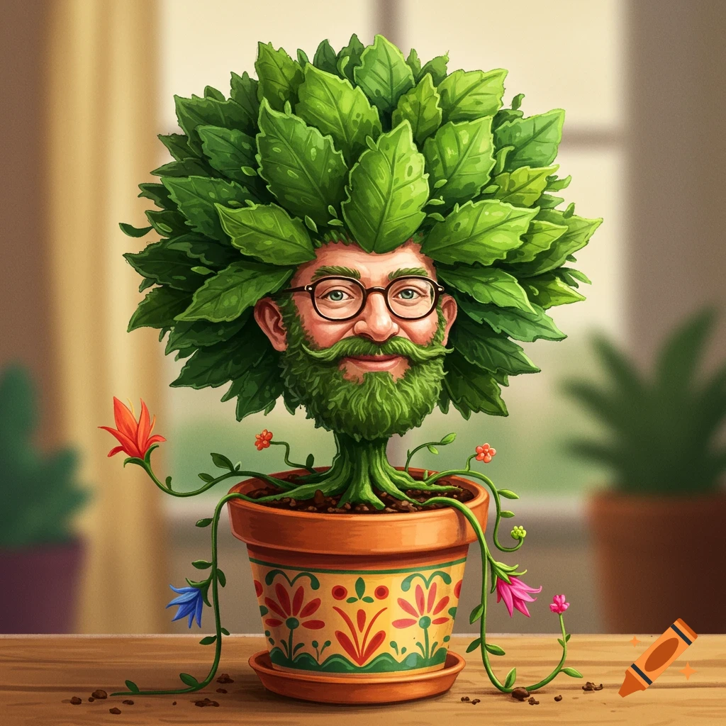 A man's head with a beard made of leaves emerging from a potted plant, which forms his hair. He wears glasses and smiles.