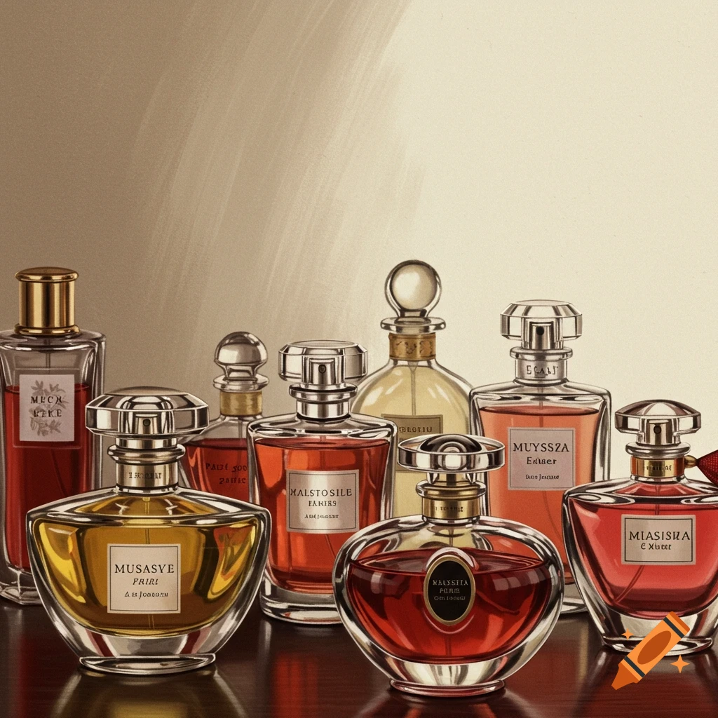 Various perfume bottles are on a table.