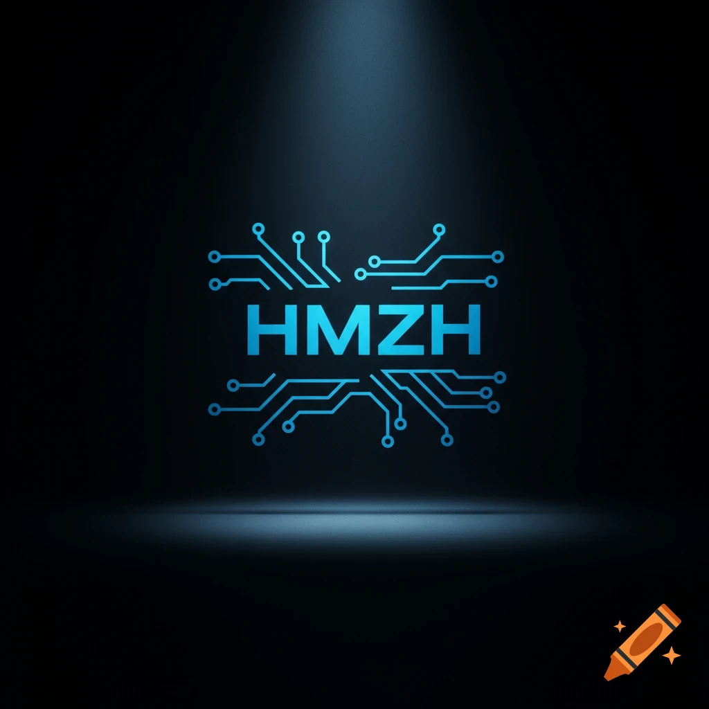 A tech logo featuring the text HMZH surrounded by blue circuit board elements on a dark background.