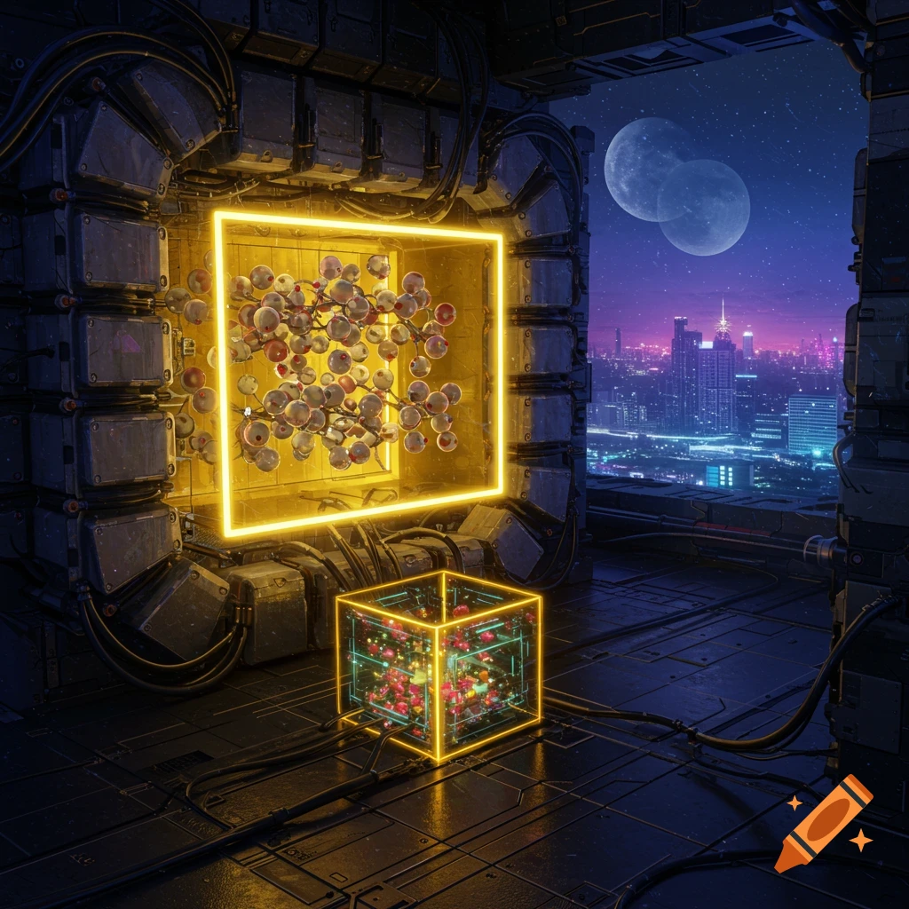 A futuristic laboratory or room with glowing quantum technology overlooking a cyberpunk city and large moons.