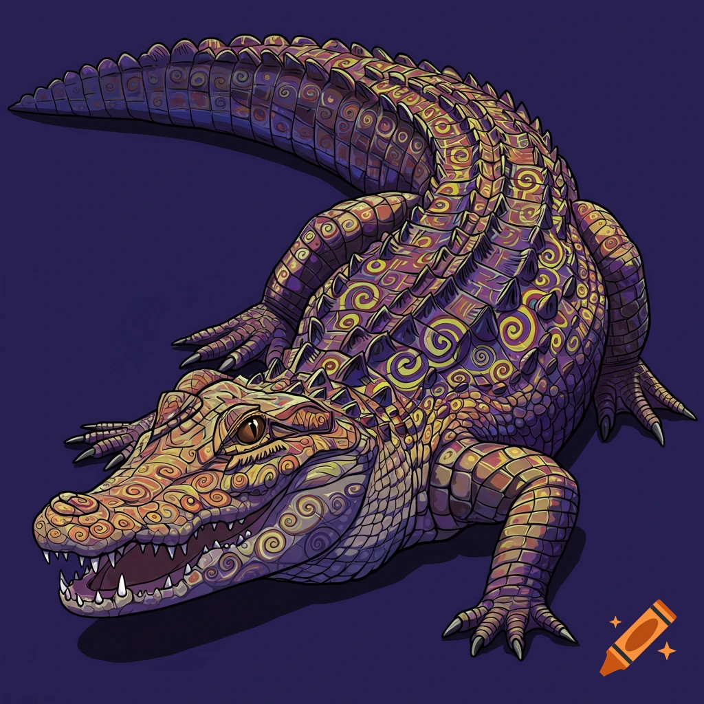 A colorful, stylized alligator covered in intricate orange and yellow swirls on a purple background.
