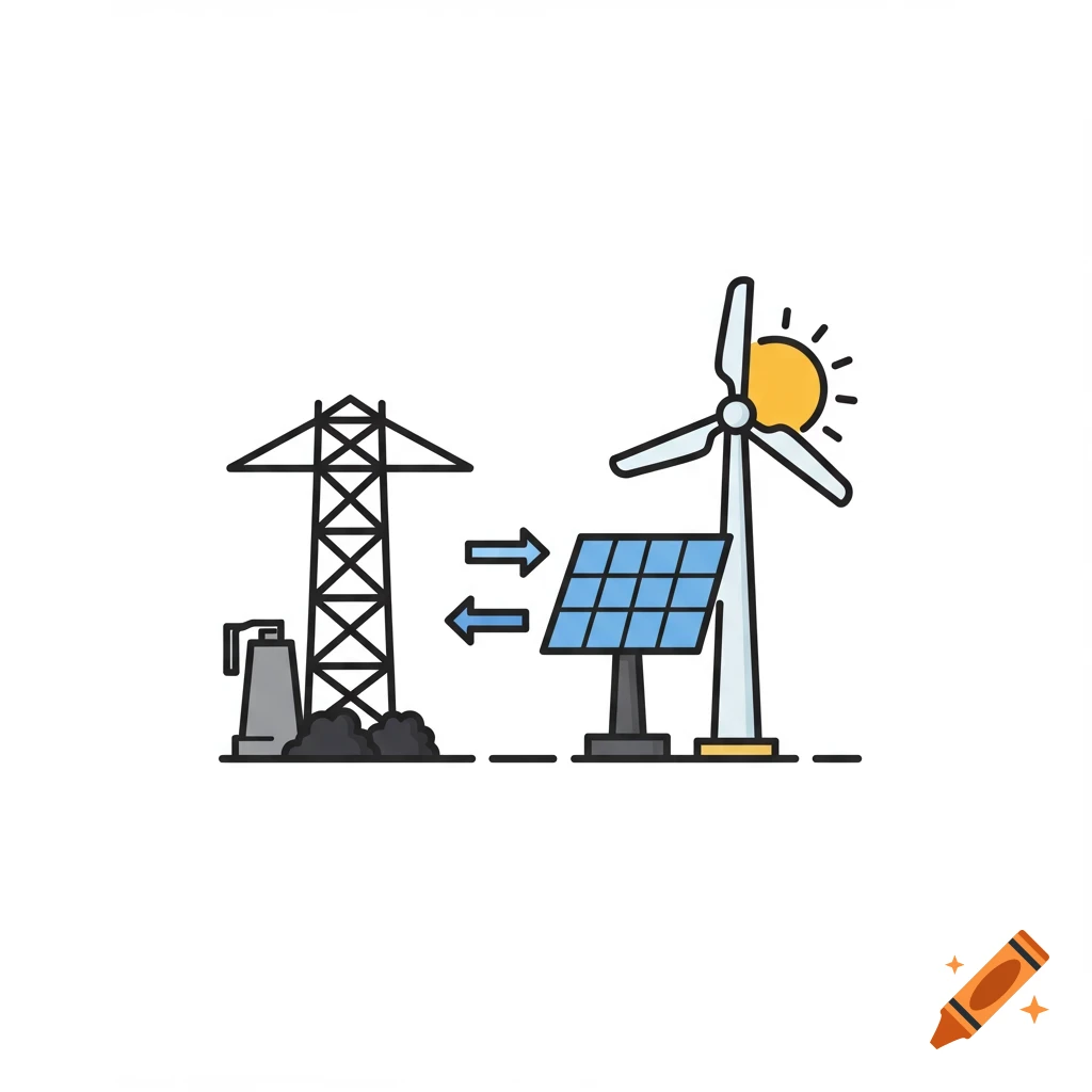 Illustration of a power line tower and coal transitioning via arrows to a solar panel and wind turbine, representing renewable energy.