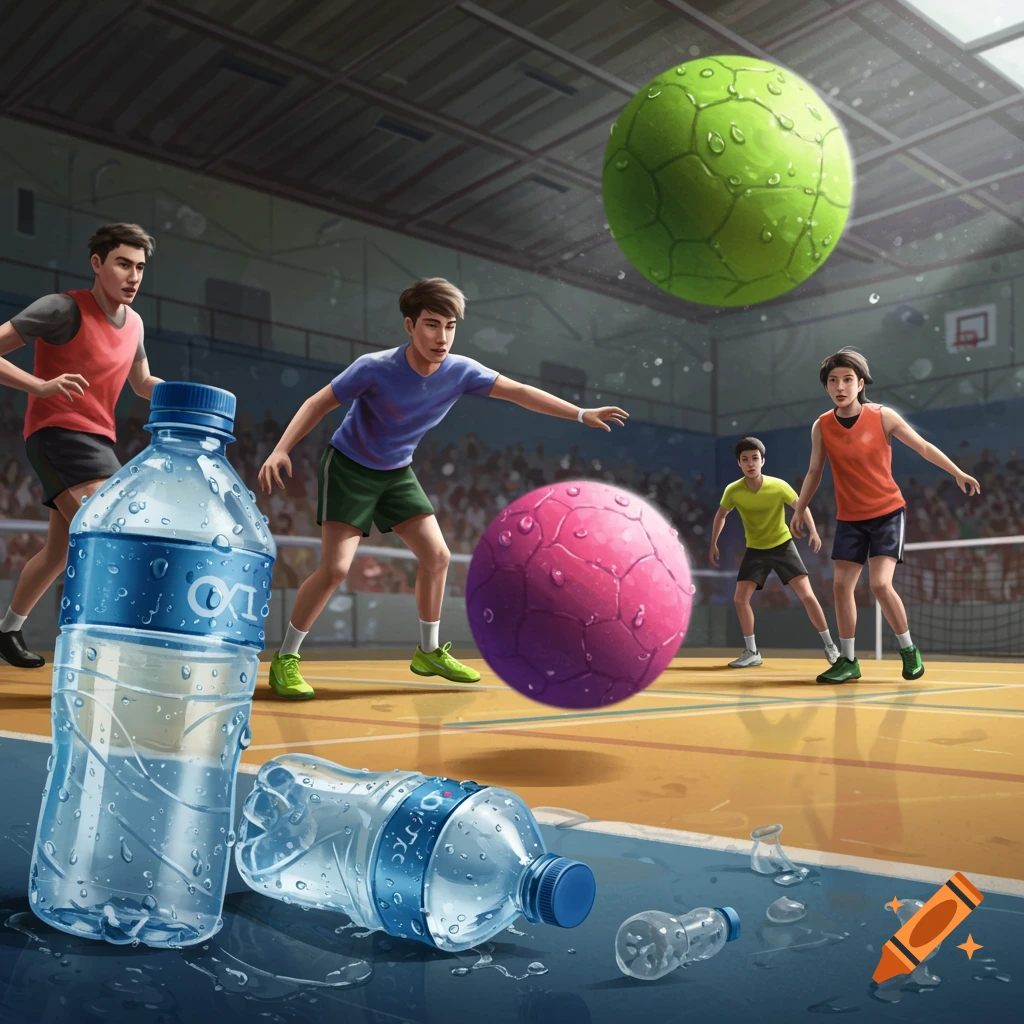 A vibrant image of a dodgeball game in a gymnasium.