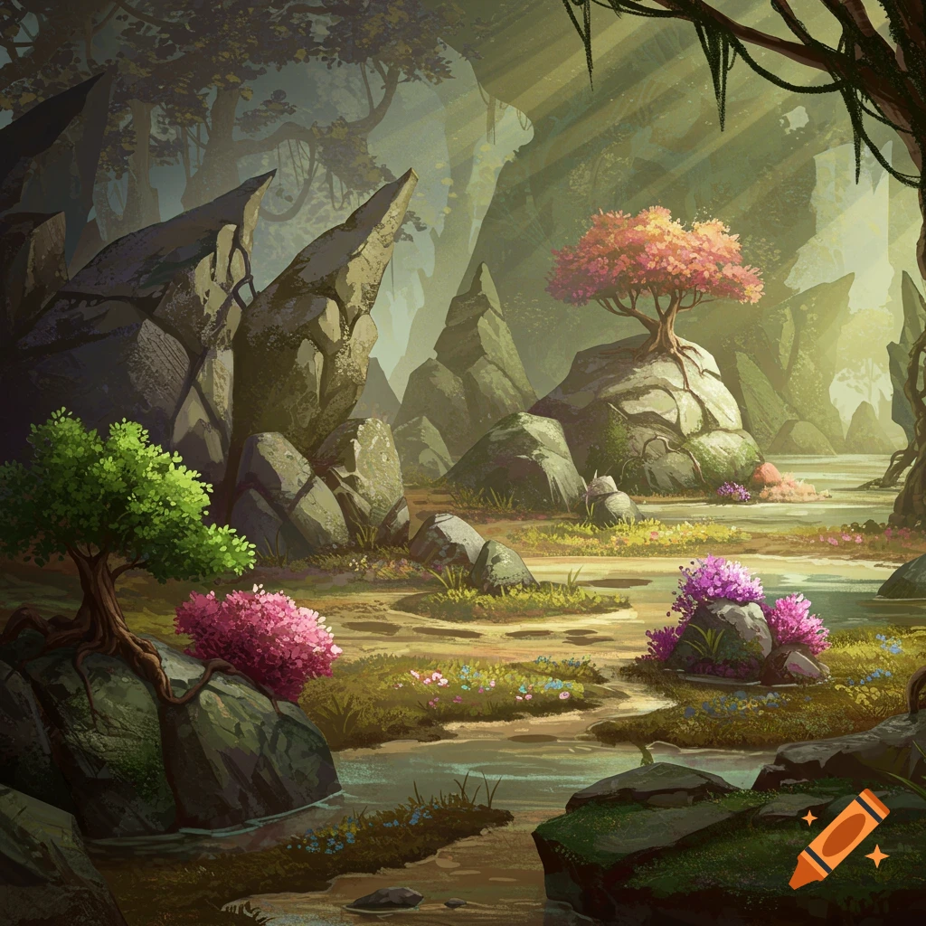 A fantasy swamp landscape with jagged rocks, stream, and colorful trees.