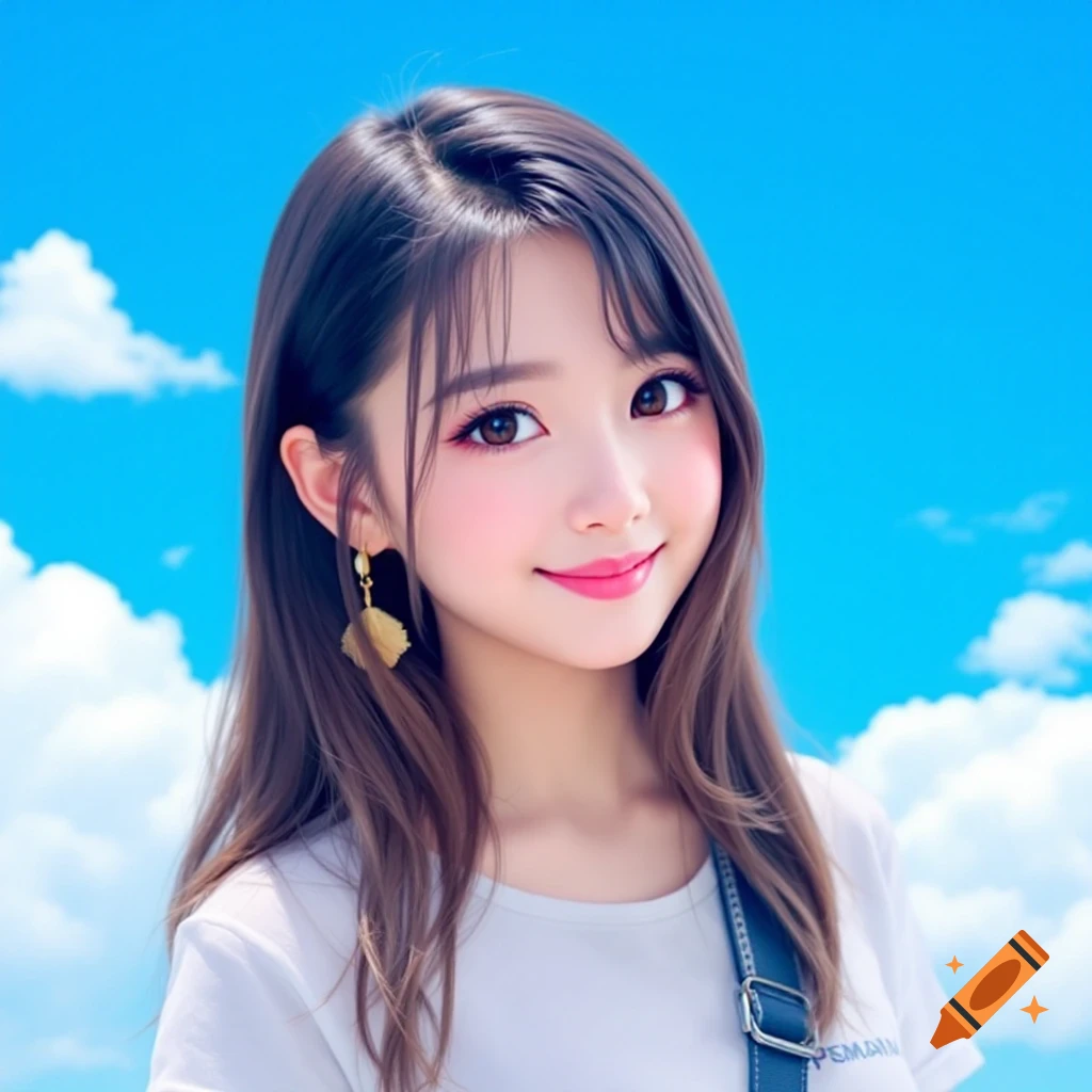 Stylized portrait of a young woman smiling under a blue sky with clouds.