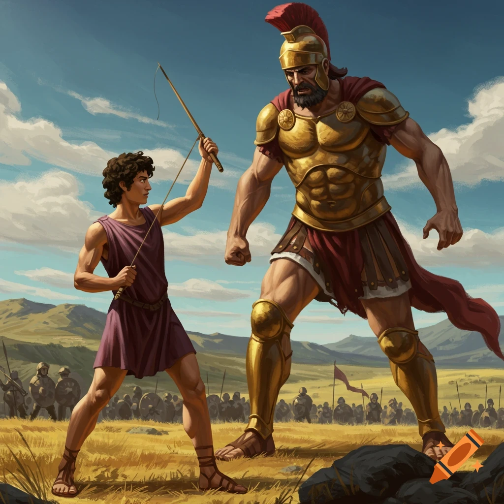 Biblical battle between David and Goliath.
