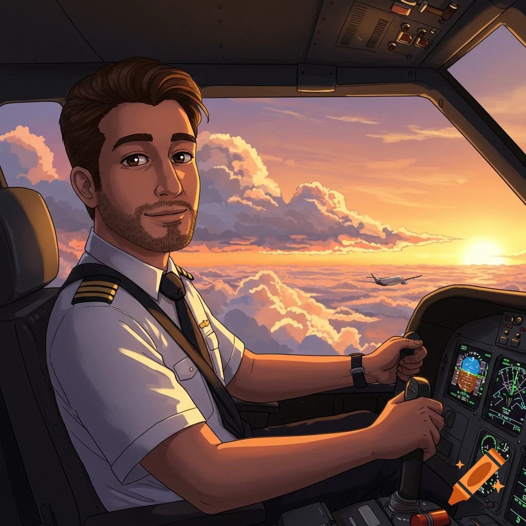 A pilot flying a plane at sunset above the clouds.