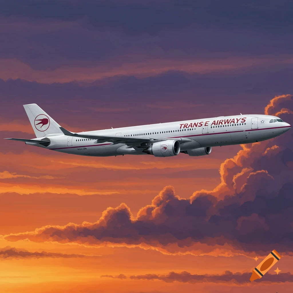 An airplane flying through clouds at sunset