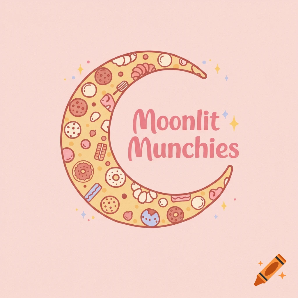 Logo of a crescent moon filled with donuts and snacks, with the text 'Moonlit Munchies'