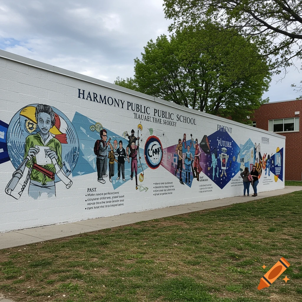 A large mural on a white school wall depicts themes of past, present, and future with illustrations and text.