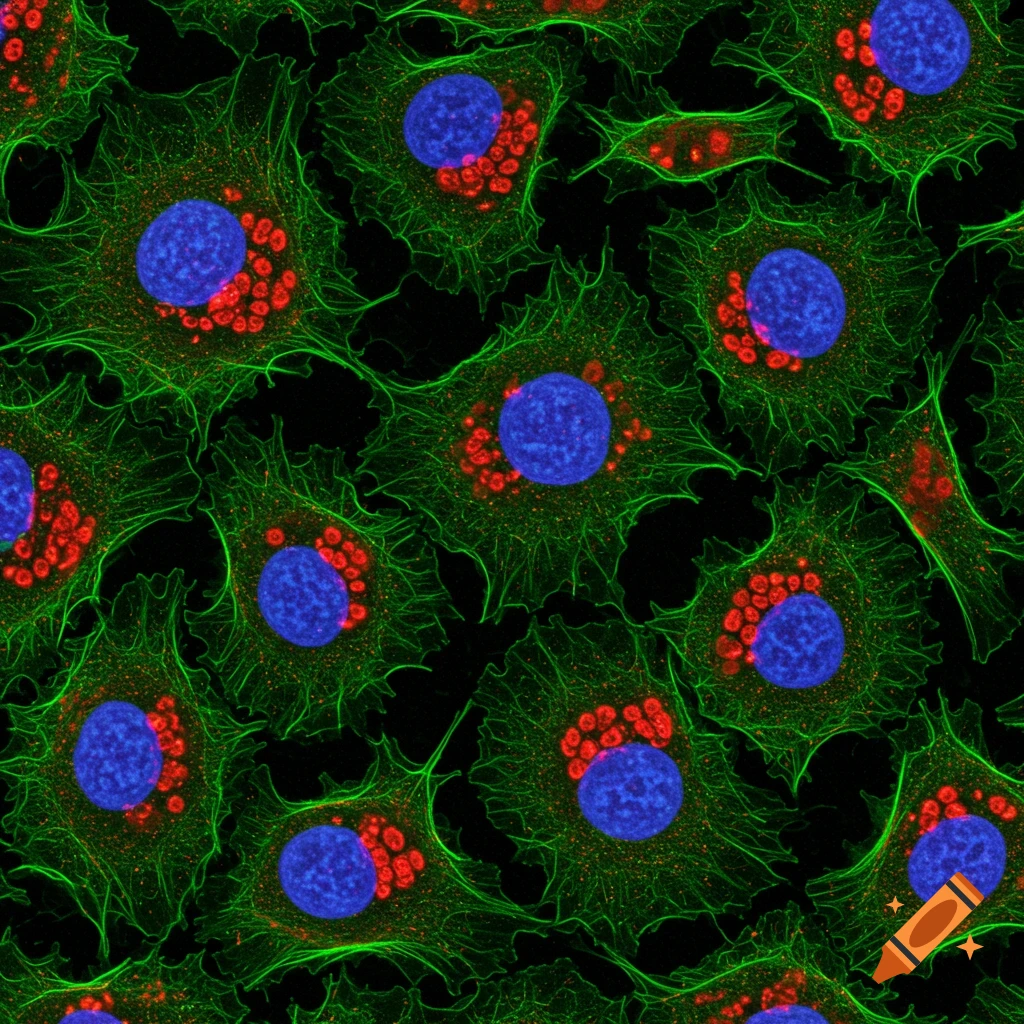 Multiple fluorescently stained eukaryotic cells with blue nuclei, red golgi, and green actin filaments on a black background.