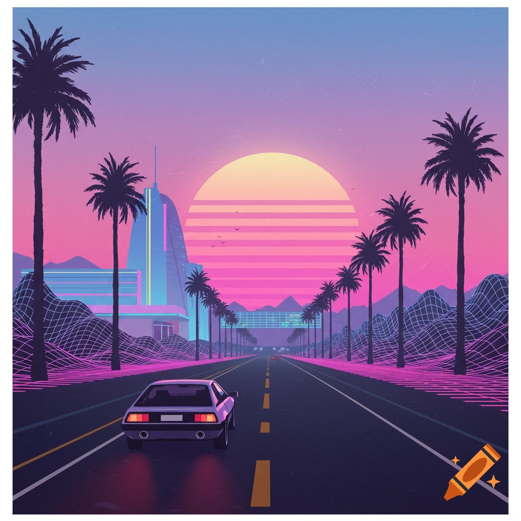 A retro image of a car driving down a road towards a futuristic city at sunset with palm trees and wireframe mountains in the vaporwave style.