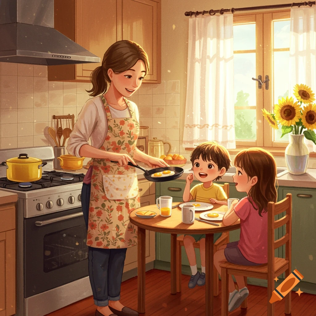 A mother cooking eggs for her two children at a table in a sunny kitchen with sunflowers.