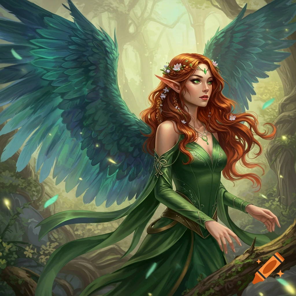 A winged female elf in a forest.