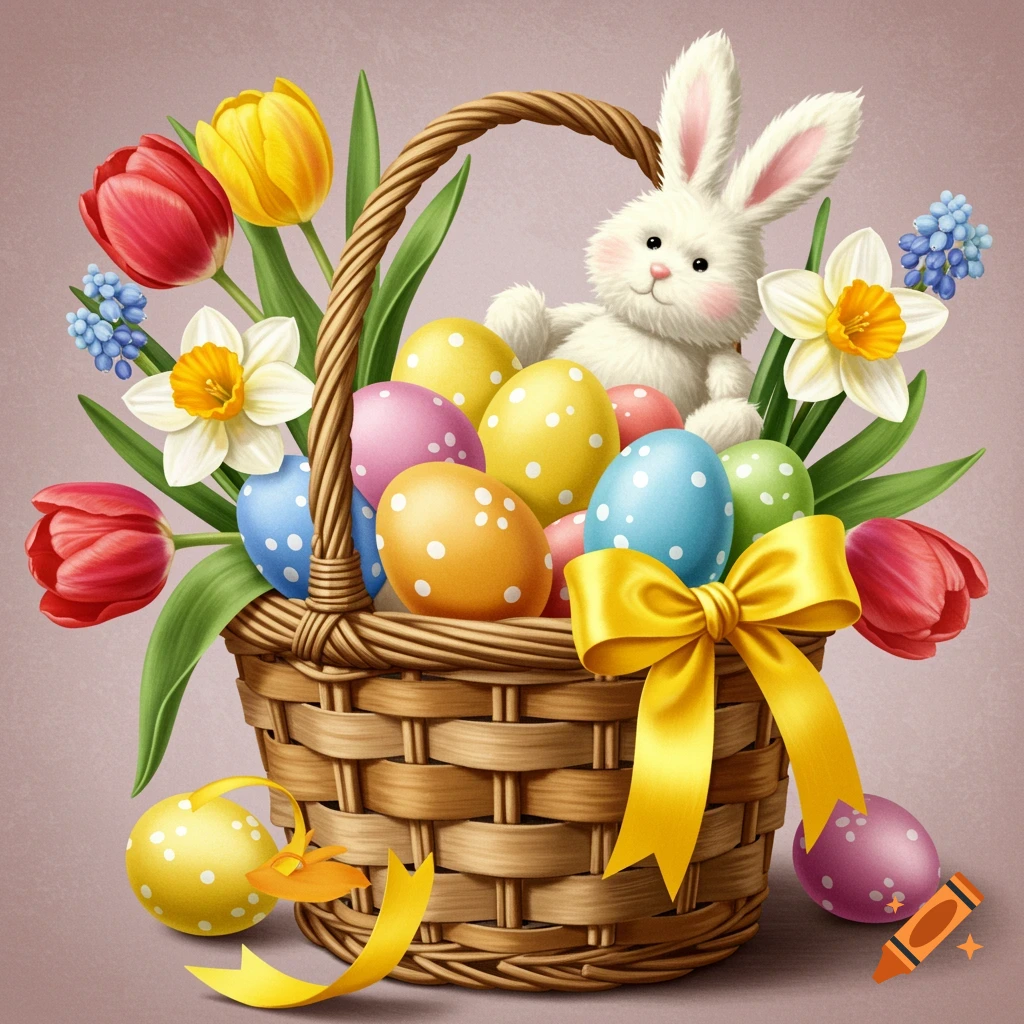 Painterly image of an Easter basket filled with colorful eggs, spring flowers, and a white bunny toy