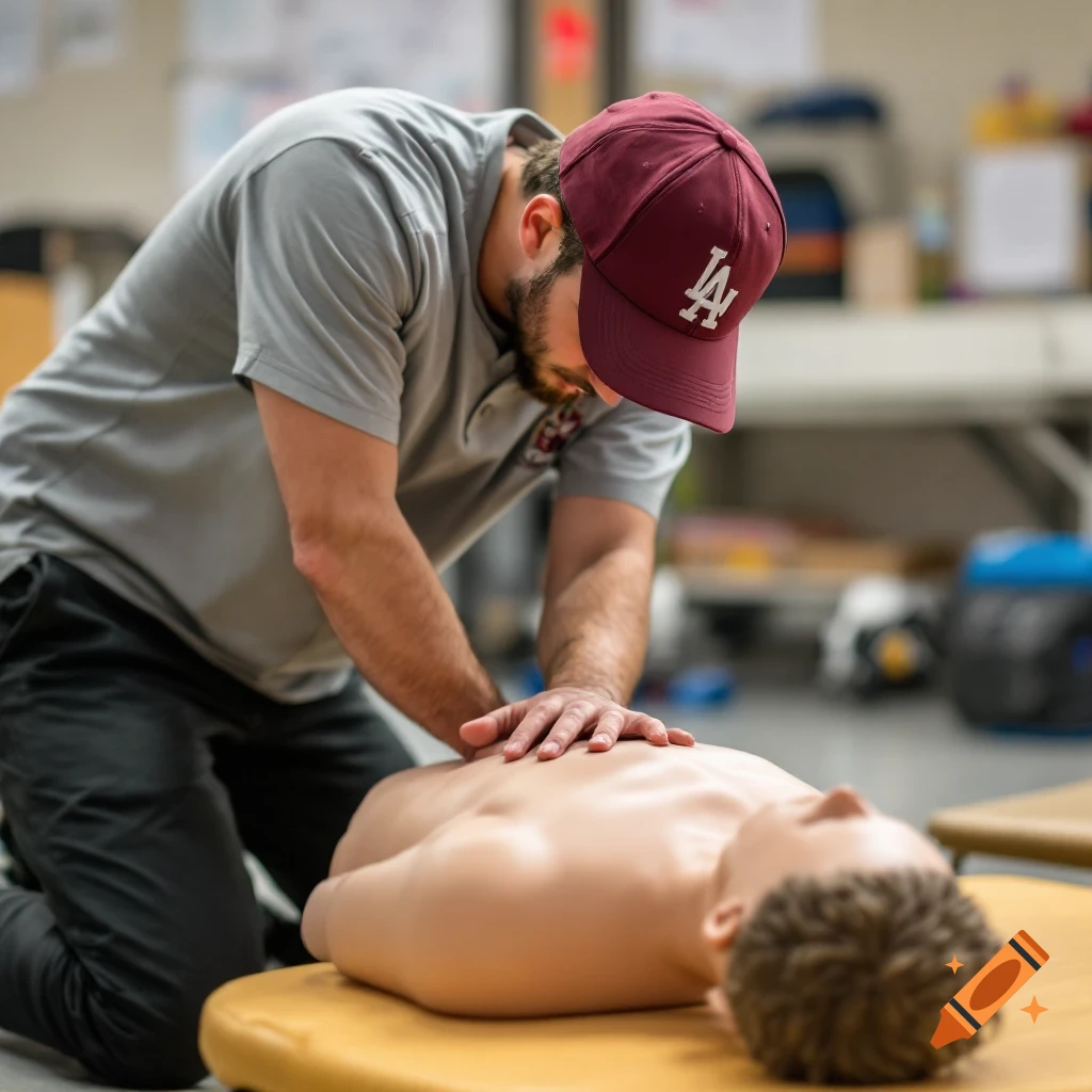 Man performs CPR on training dummy in a classroom setting