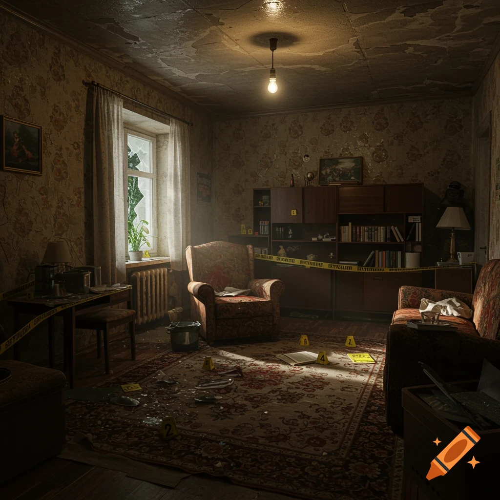 A dimly lit crime scene in a cluttered, peeling Soviet-era apartment with blood splatters, evidence markers, and shattered glass.