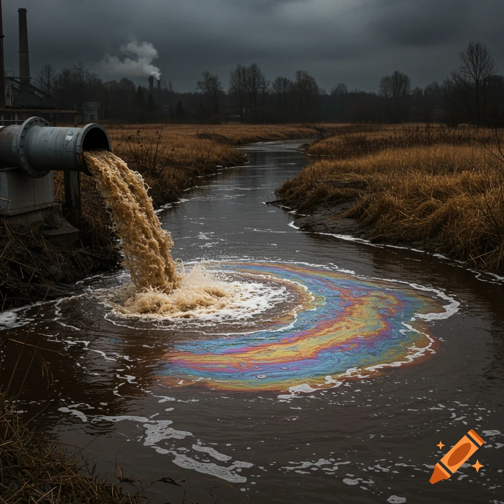 Industrial runoff pouring into a dark river with a rainbow oil slick
