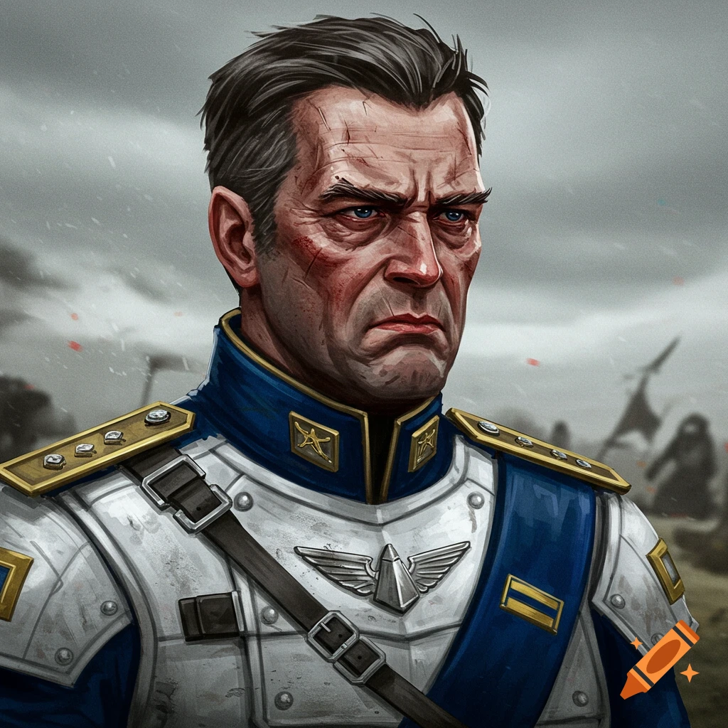 Portrait of a man in military uniform with battle scars, looking upset.
