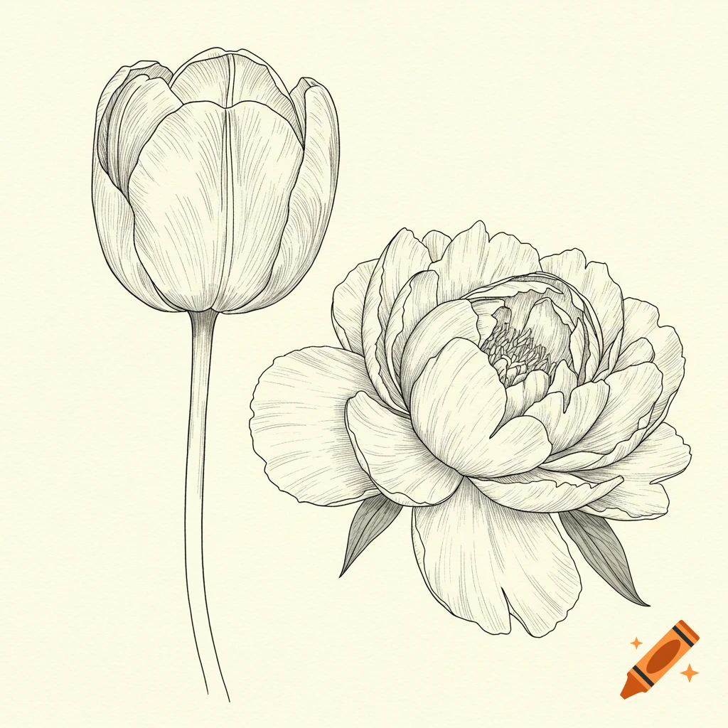 A fine line drawing of a tulip and a peony.