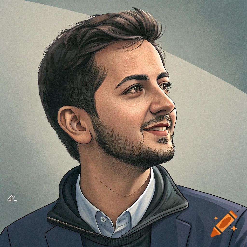 Stylized portrait of a man smiling and looking to the side.