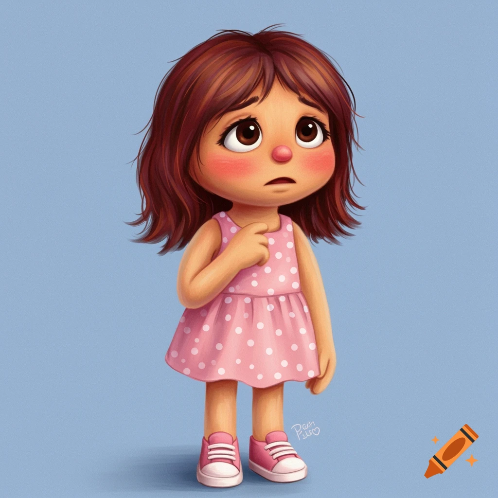 A shy girl character in a pink polka dot dress