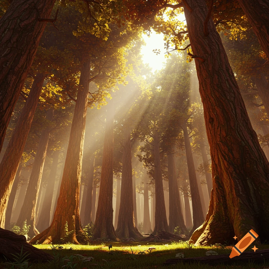 A forest with tall trees and sunbeams filtering through.