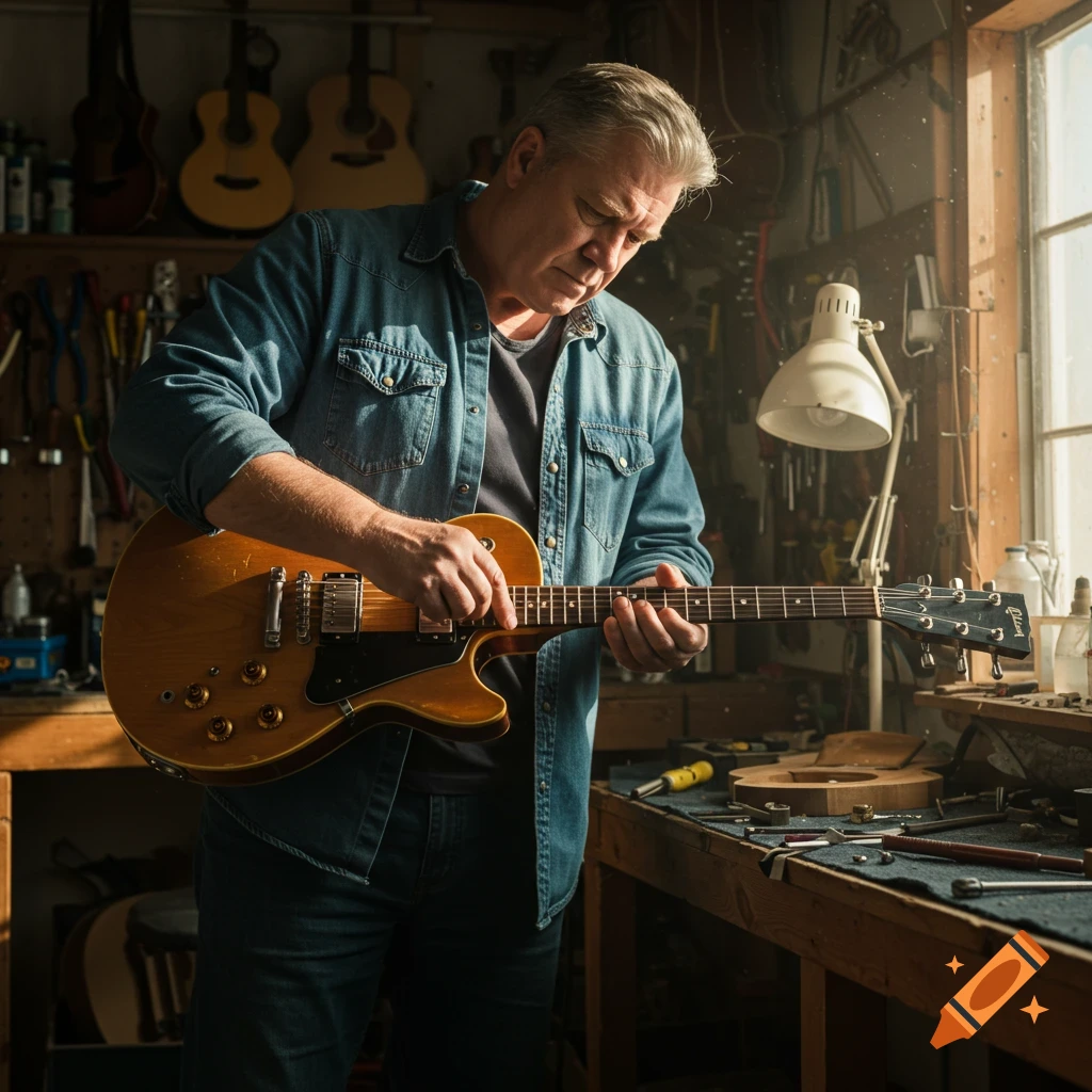 A man in a denim shirt fixes a guitar in a dusty workshop.