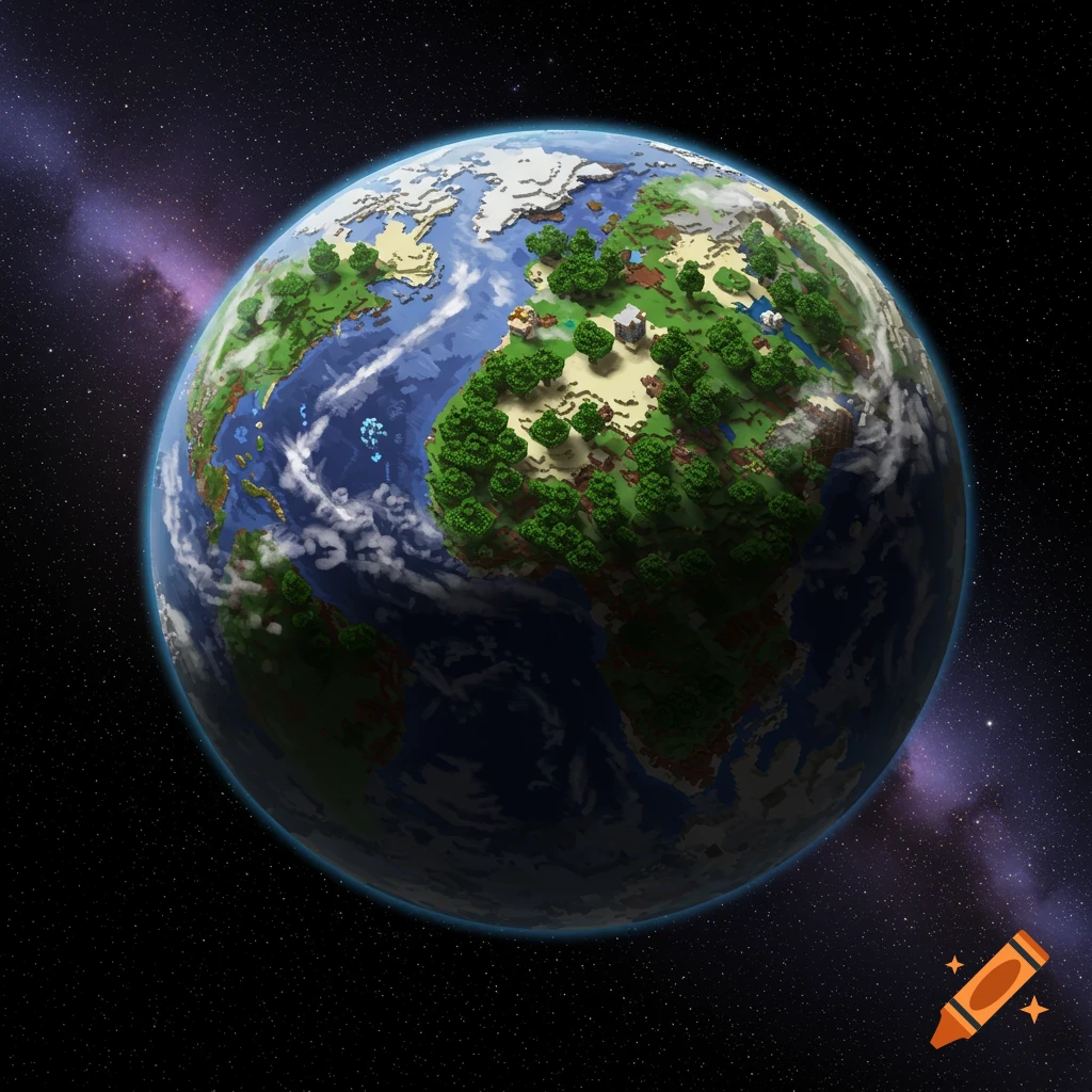 A blocky, Minecraft-style planet floats in space with stars and a nebula.