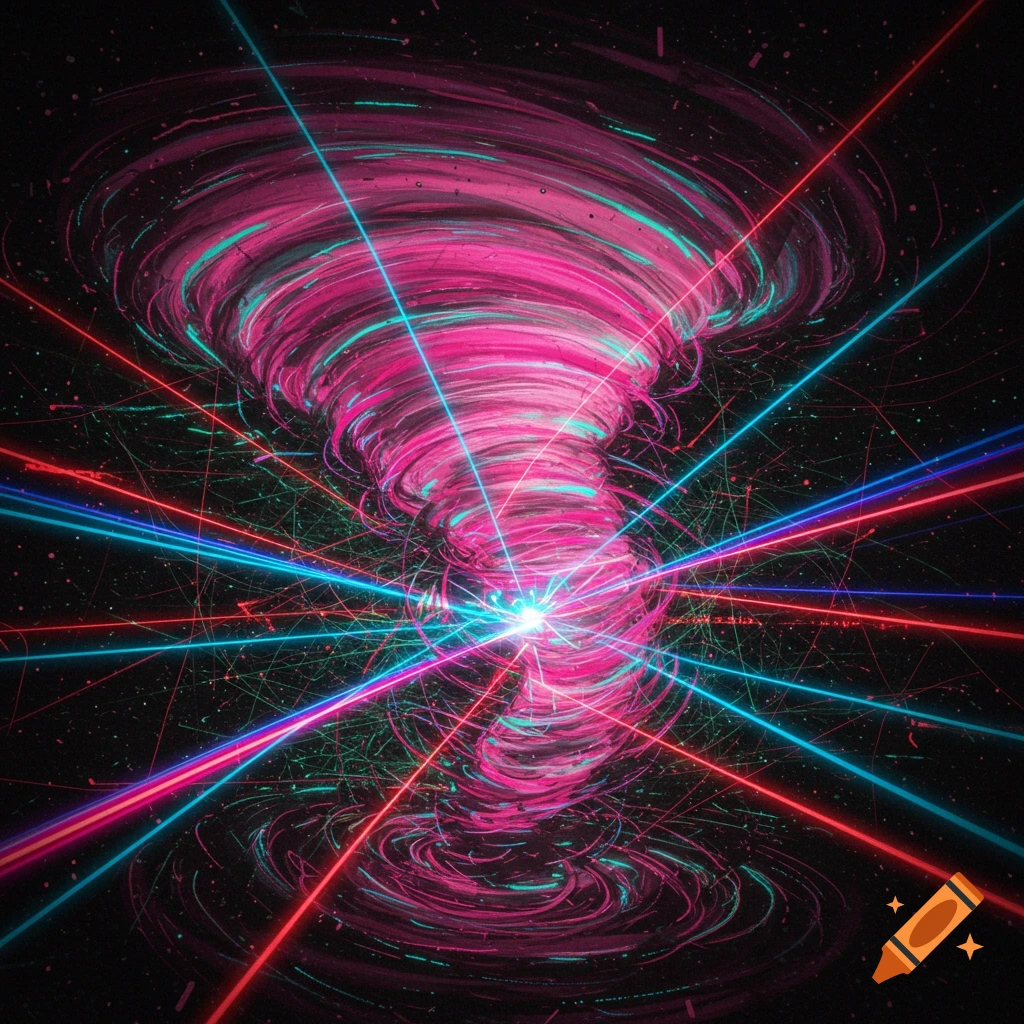 Abstract digital art of a pink vortex with red and blue lasers emanating outwards on a dark background.