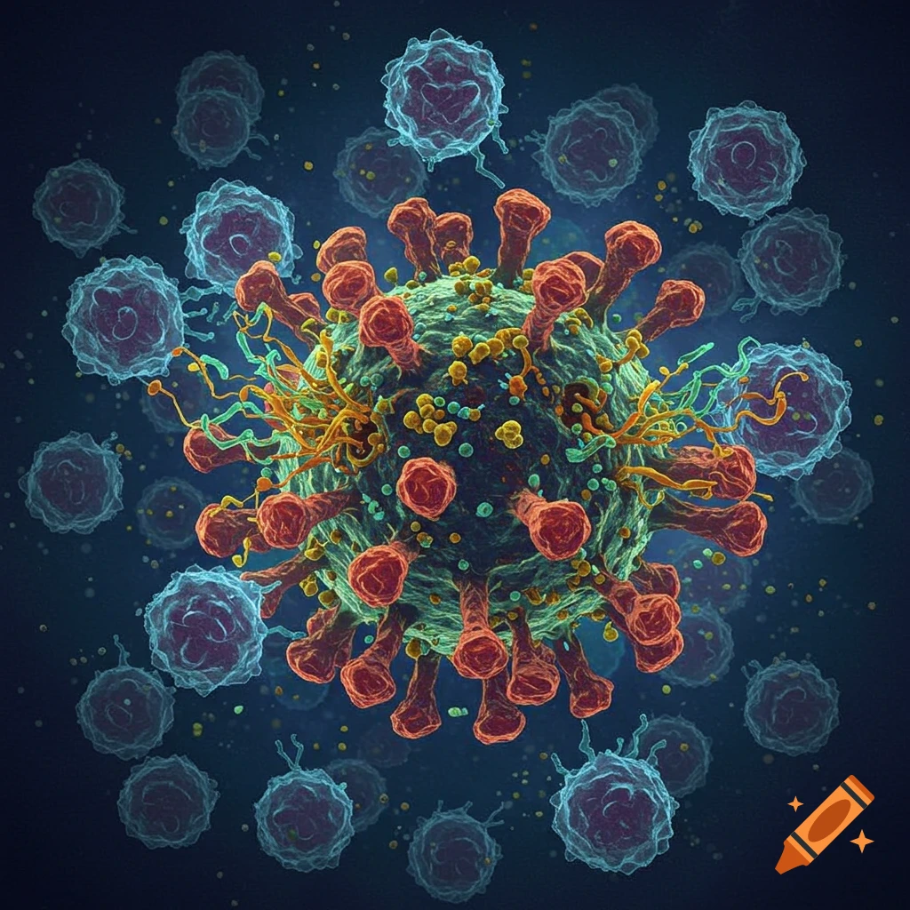 A detailed digital illustration of a virus surrounded by immune cells.