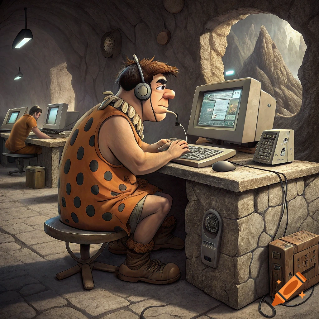 Fred Flintstone sits at a stone desk in a cave office using a computer and headphones.
