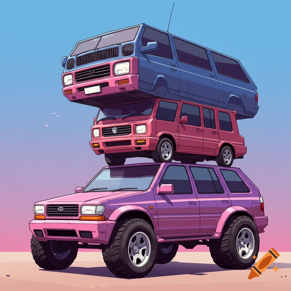 Stylized illustration of three colorful vehicles stacked on top of each other