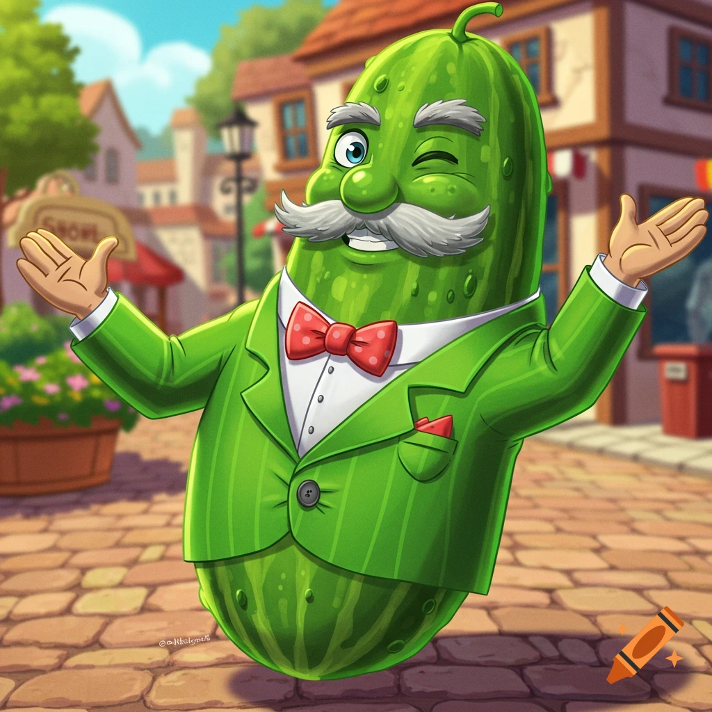 Cartoon anthropomorphic pickle wearing a suit and winking in a street scene