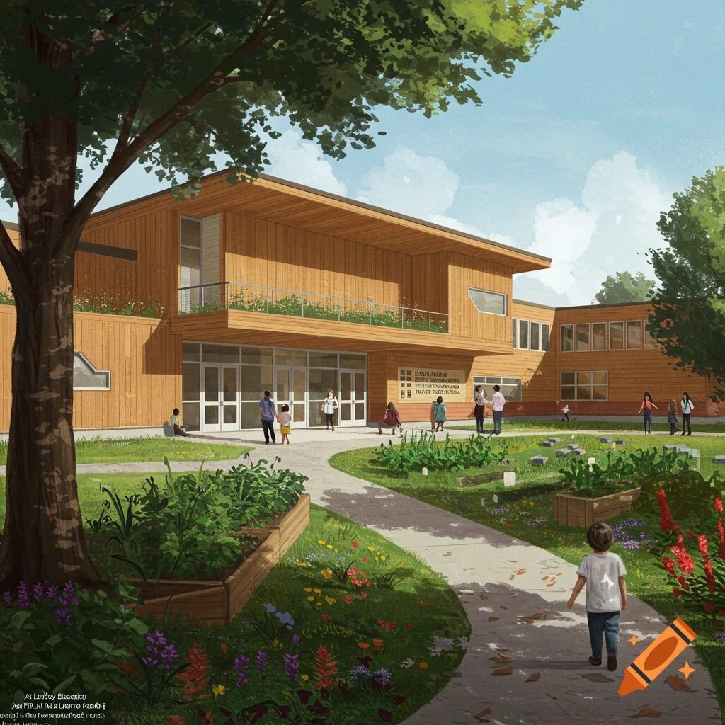 A modern wooden school building with large windows and an outdoor garden area. People walk on a curved path through the garden.
