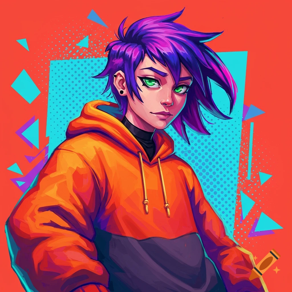 A person with purple hair and green eyes wears an orange and gray hoodie, against a vibrant orange background with geometric shapes.