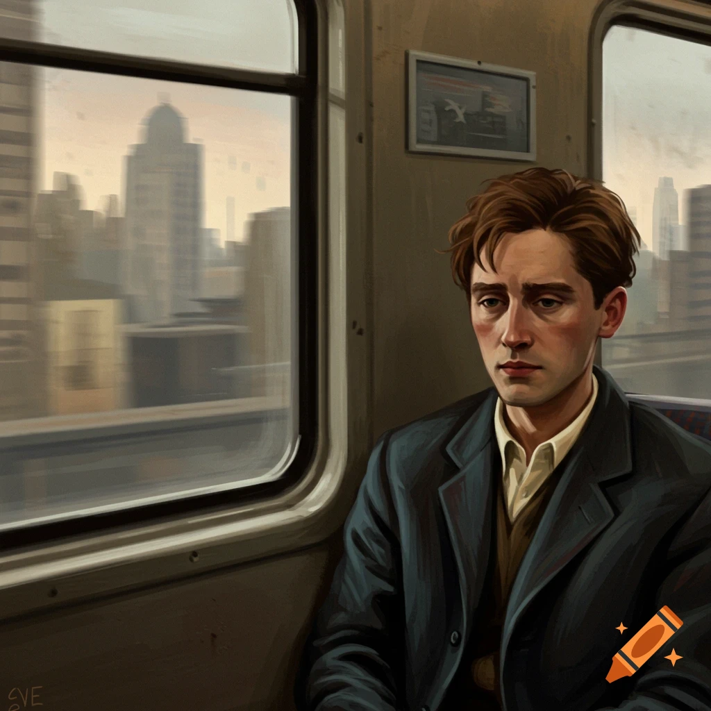 A man on a train looking out at a city.