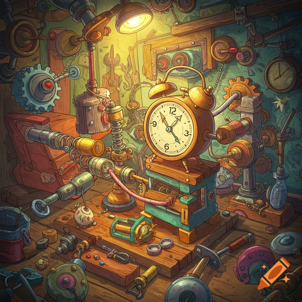 A whimsical Rube Goldberg contraption with an alarm clock in a cluttered workshop.