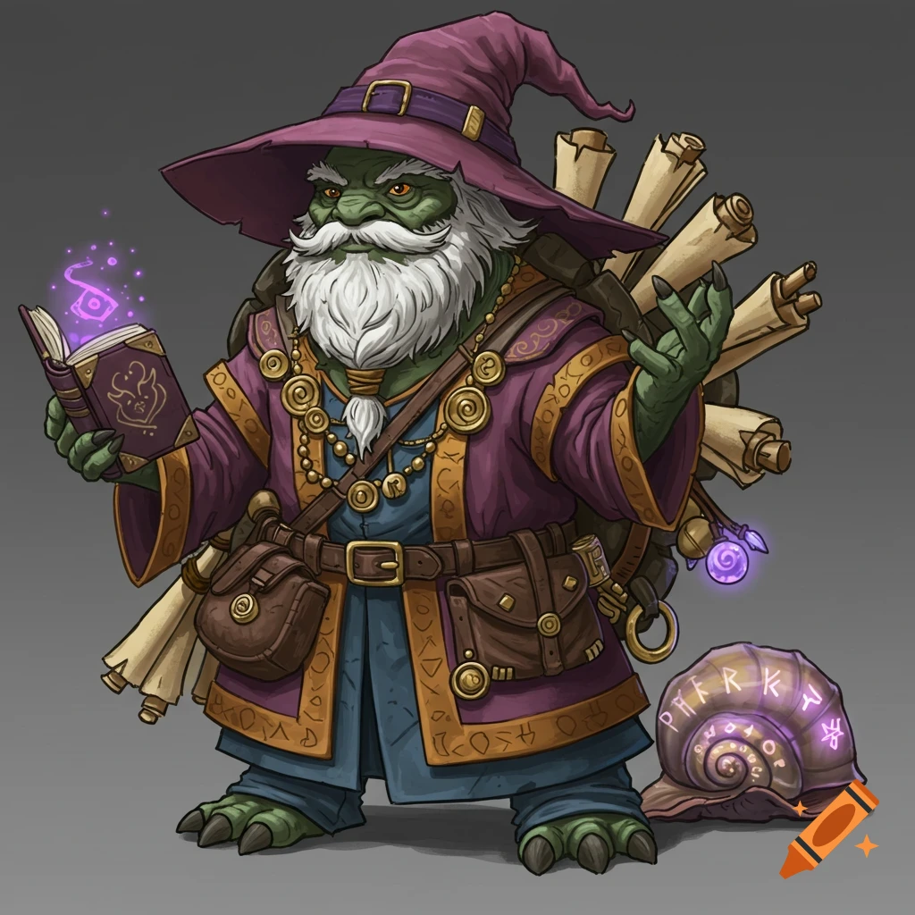 An illustration of a fantasy tortle wizard holding a glowing spellbook, with scrolls and a large runic snail beside him.