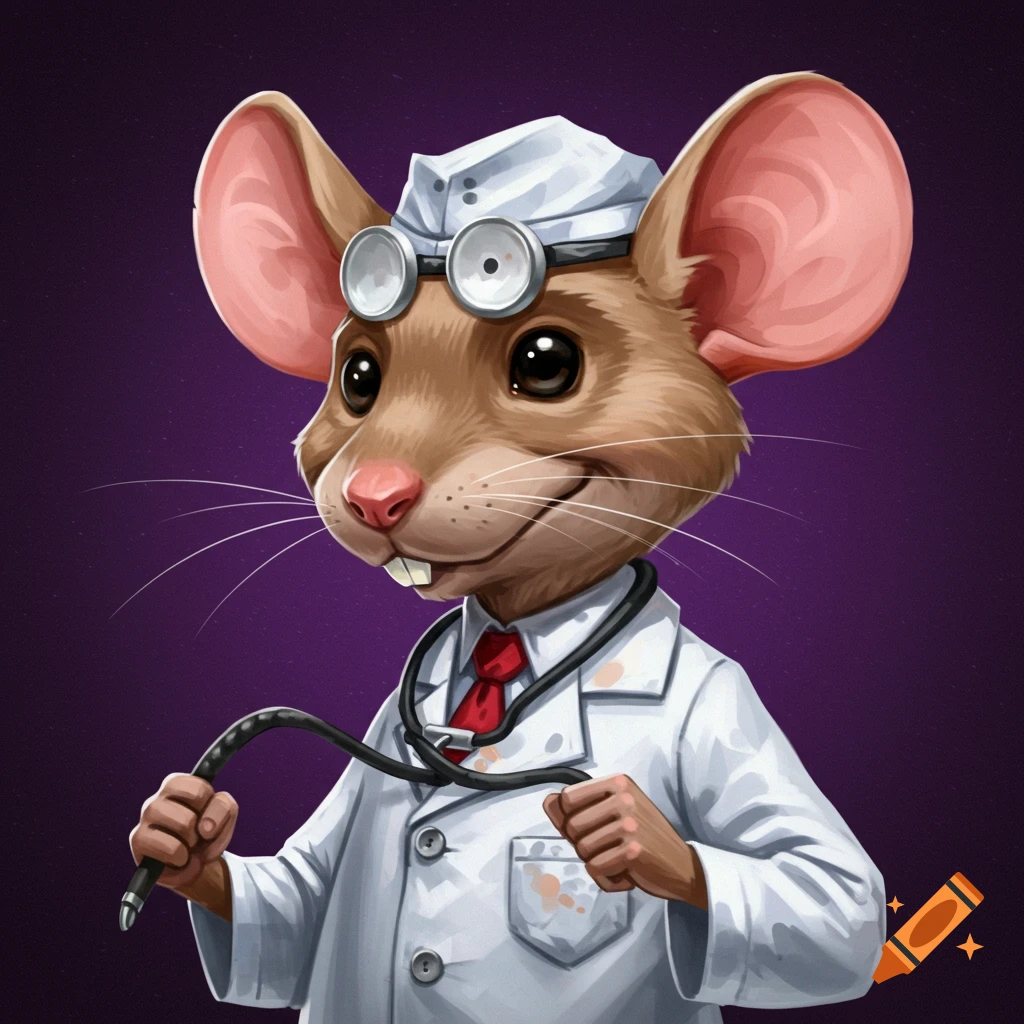 A cartoon mouse is wearing a doctor's coat and stethoscope.