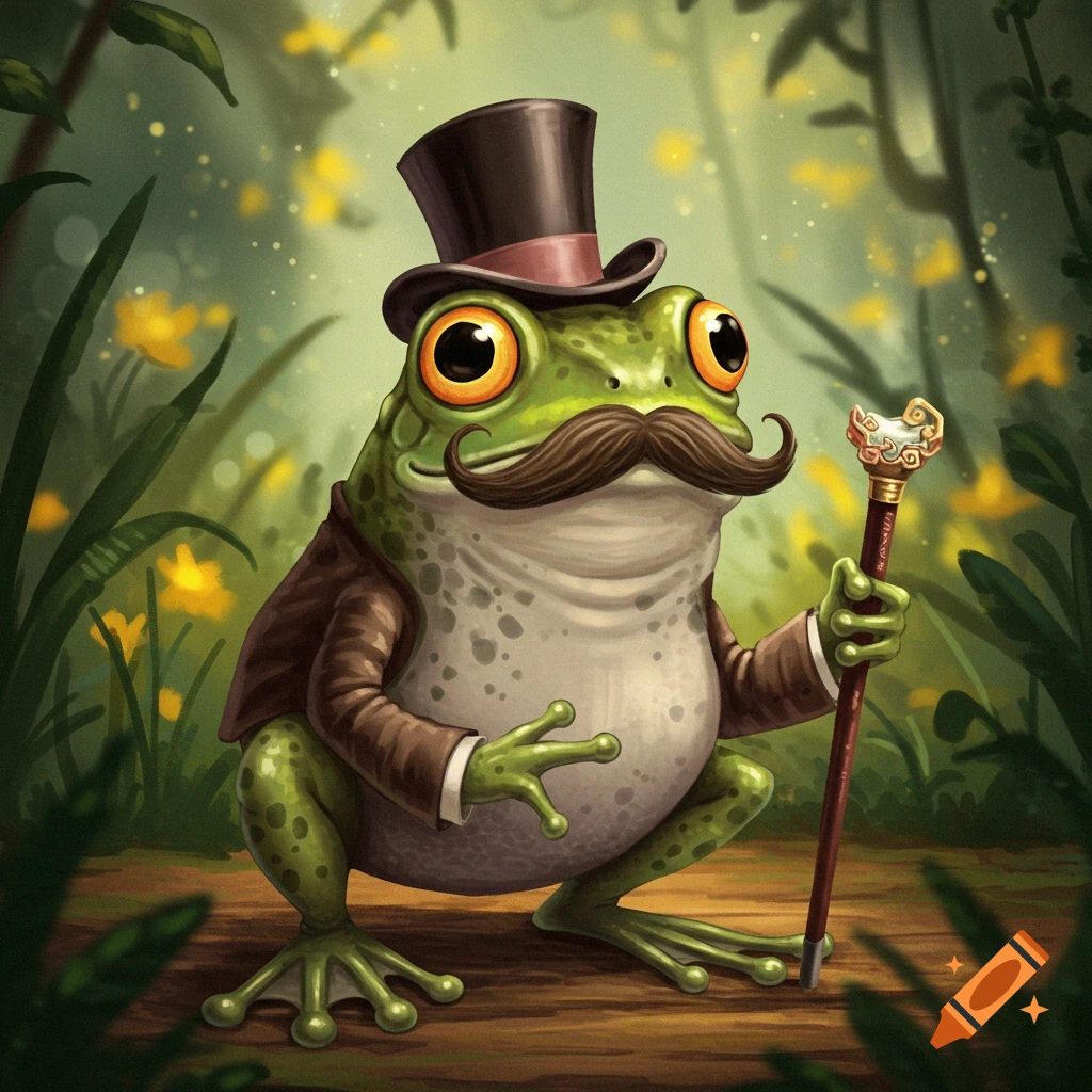 Cartoon frog with a mustache, top hat, suit, and cane standing in a forest.