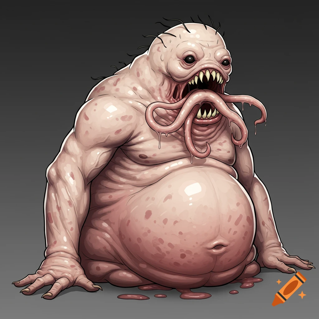 Cartoonish monster with pale skin, large belly, sharp teeth, and tentacles for arms.