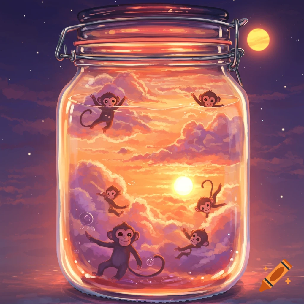 Cartoon monkeys swim in a jar containing a stylized pickled sunset with clouds.
