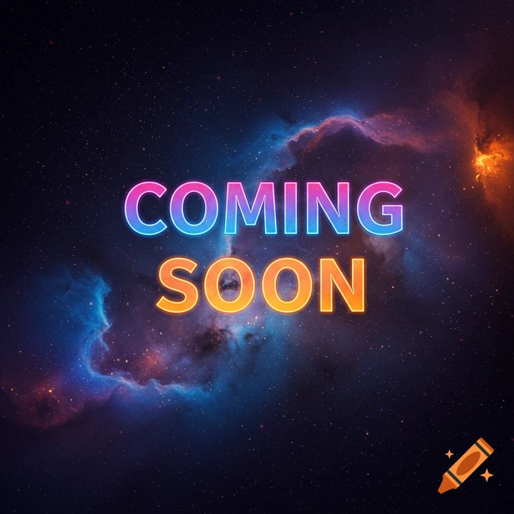 Neon text 'COMING SOON' over a starry nebula background.
