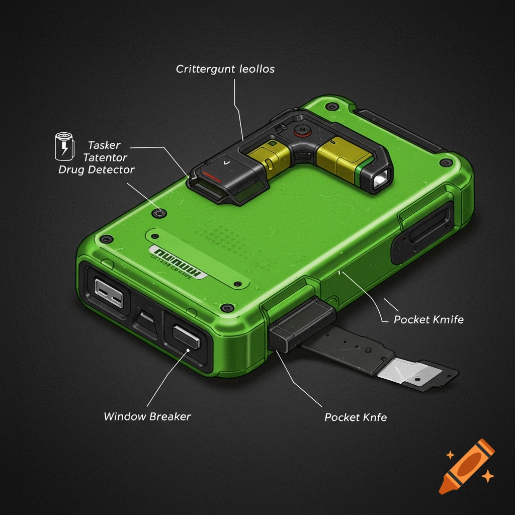 A green futuristic power bank with integrated tools like a drug detector and pocket knife, with labels.